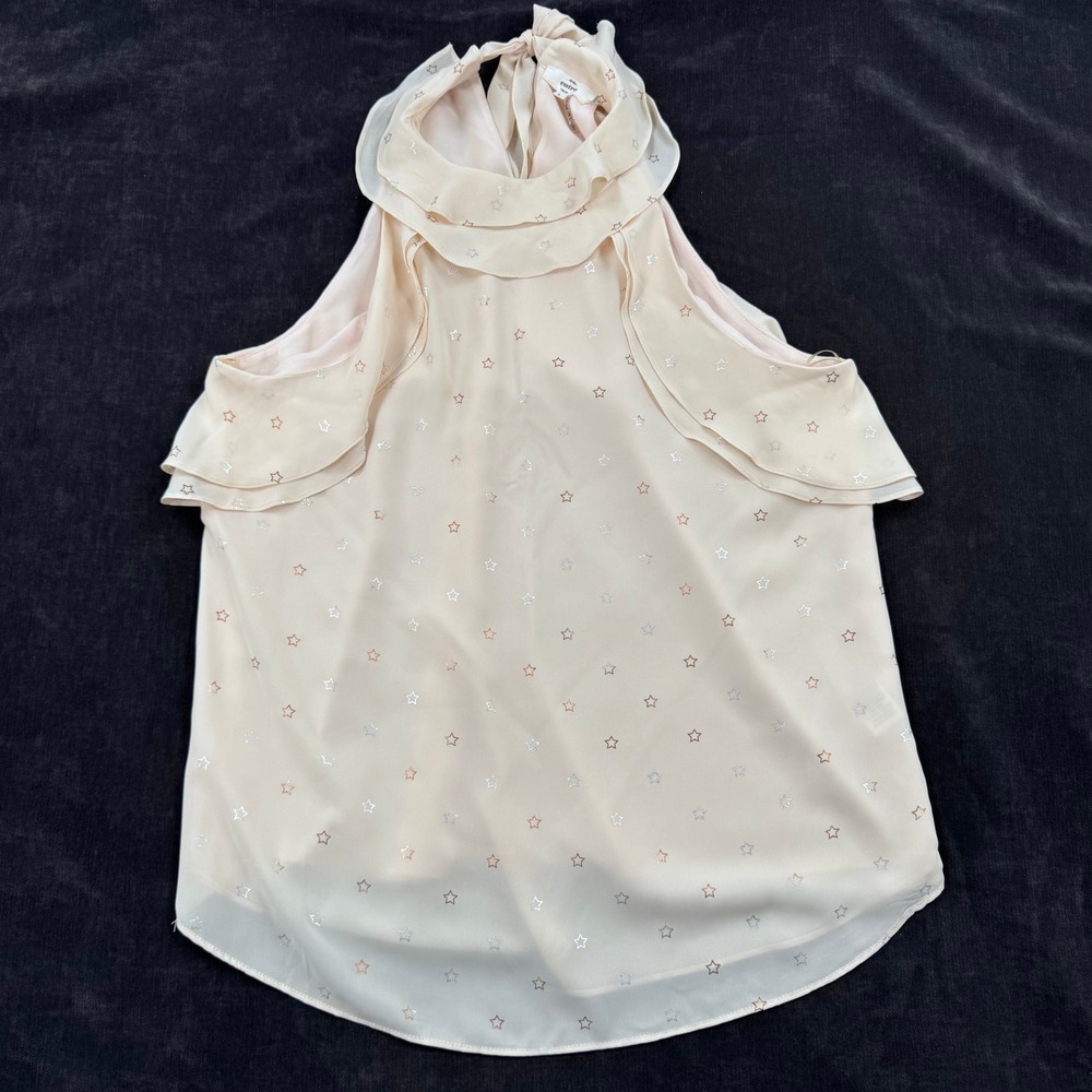 Entro Womens L Cream Chiffon Metallic Stars Fairy Ruffle Halter Coquette Flutter